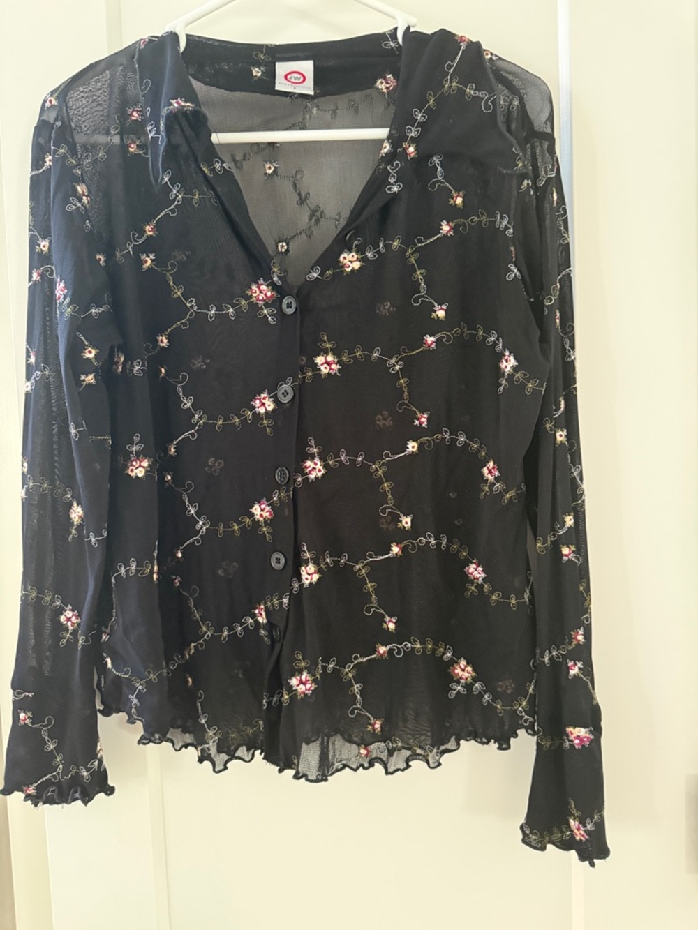 Vintage JW San Fransisco Boho Chic Sheer Black Blouse Long Sleeve Small